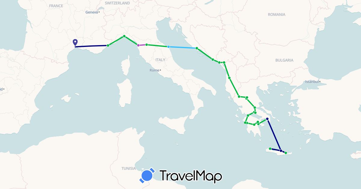 TravelMap itinerary: driving, bus, train, boat in Albania, France, Greece, Croatia, Italy, Montenegro (Europe)